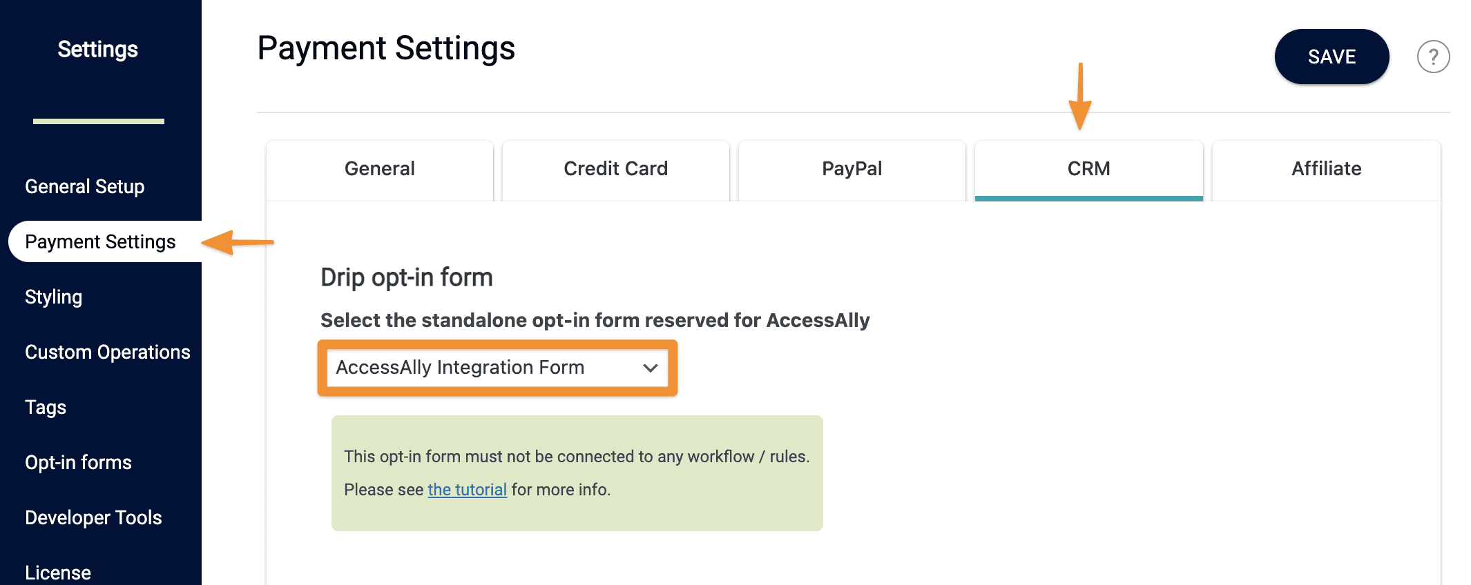 Screenshot of Drip CRM Form Settings