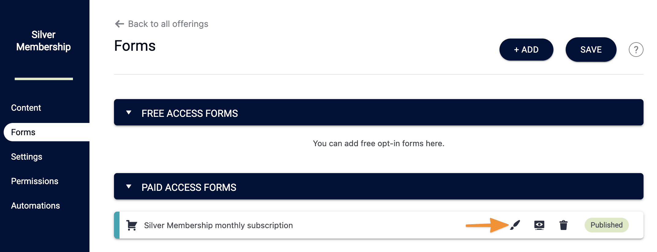 Screenshot of edit order form button