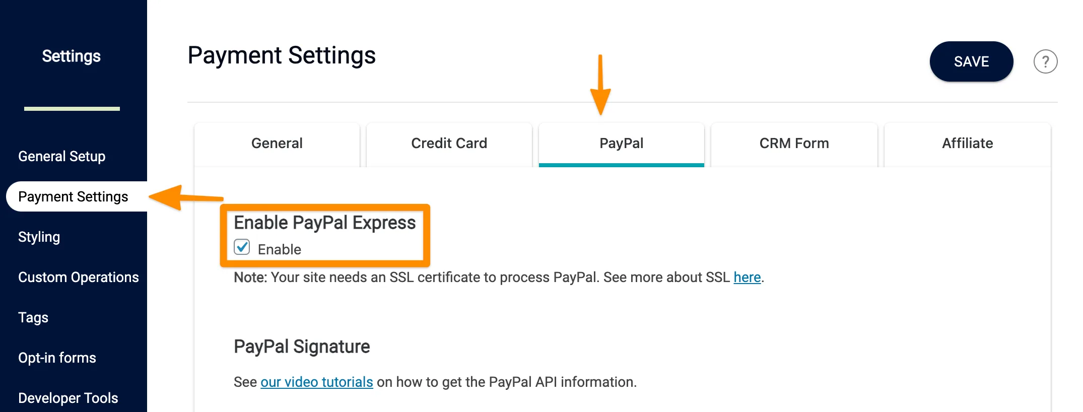 Screenshot of enable paypal settings