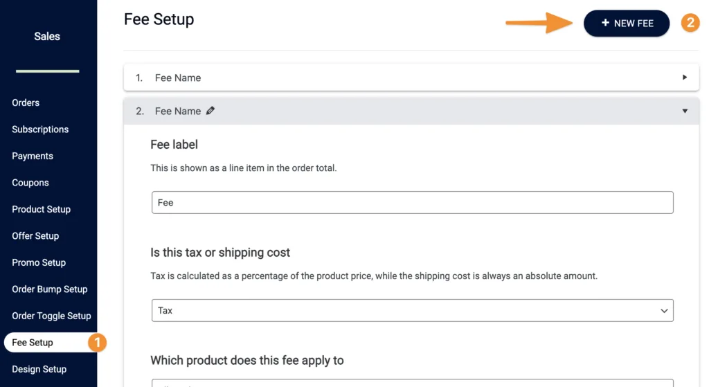 Screenshot of fee setup area