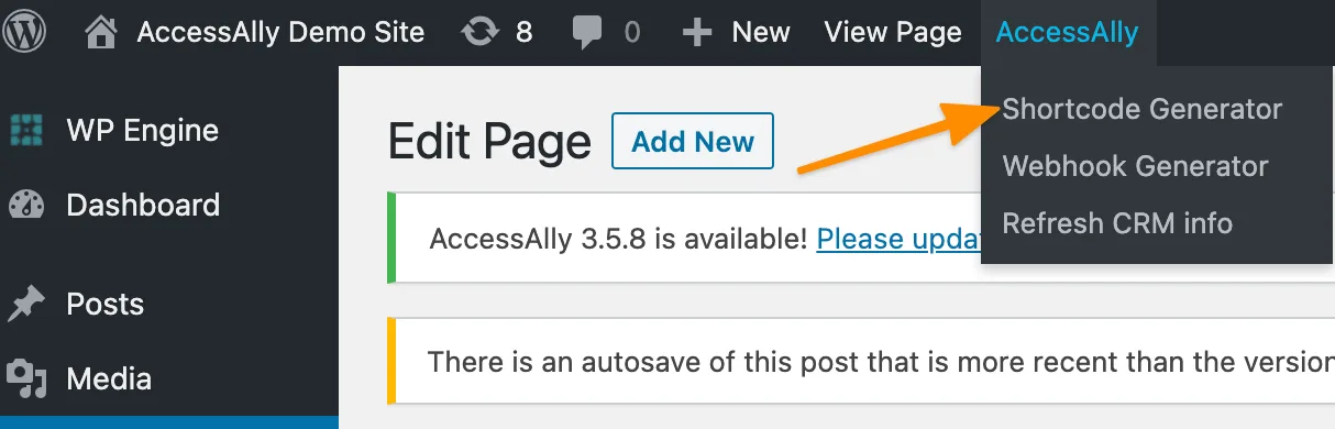 Screenshot showing the AccessAlly shortcode adder
