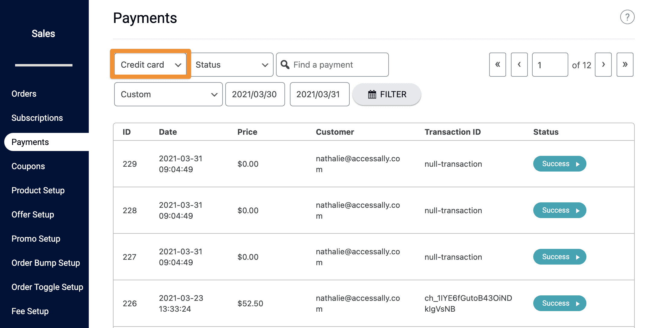 Screenshot of payments area