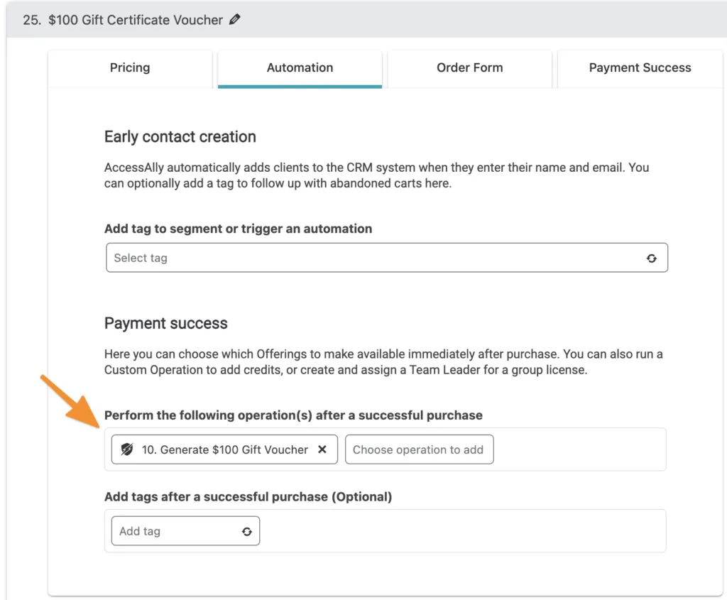 Screenshot of automation tab for the offer