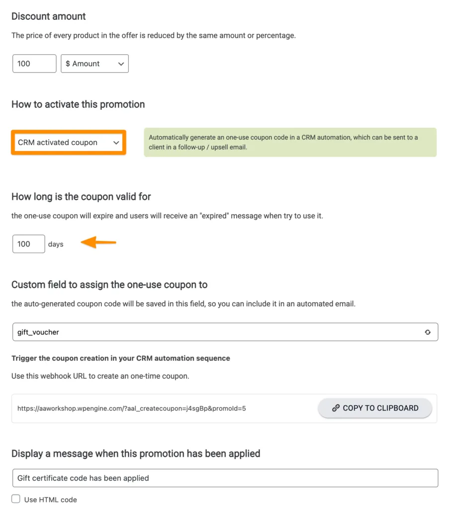 Screenshot of gift certificate settings