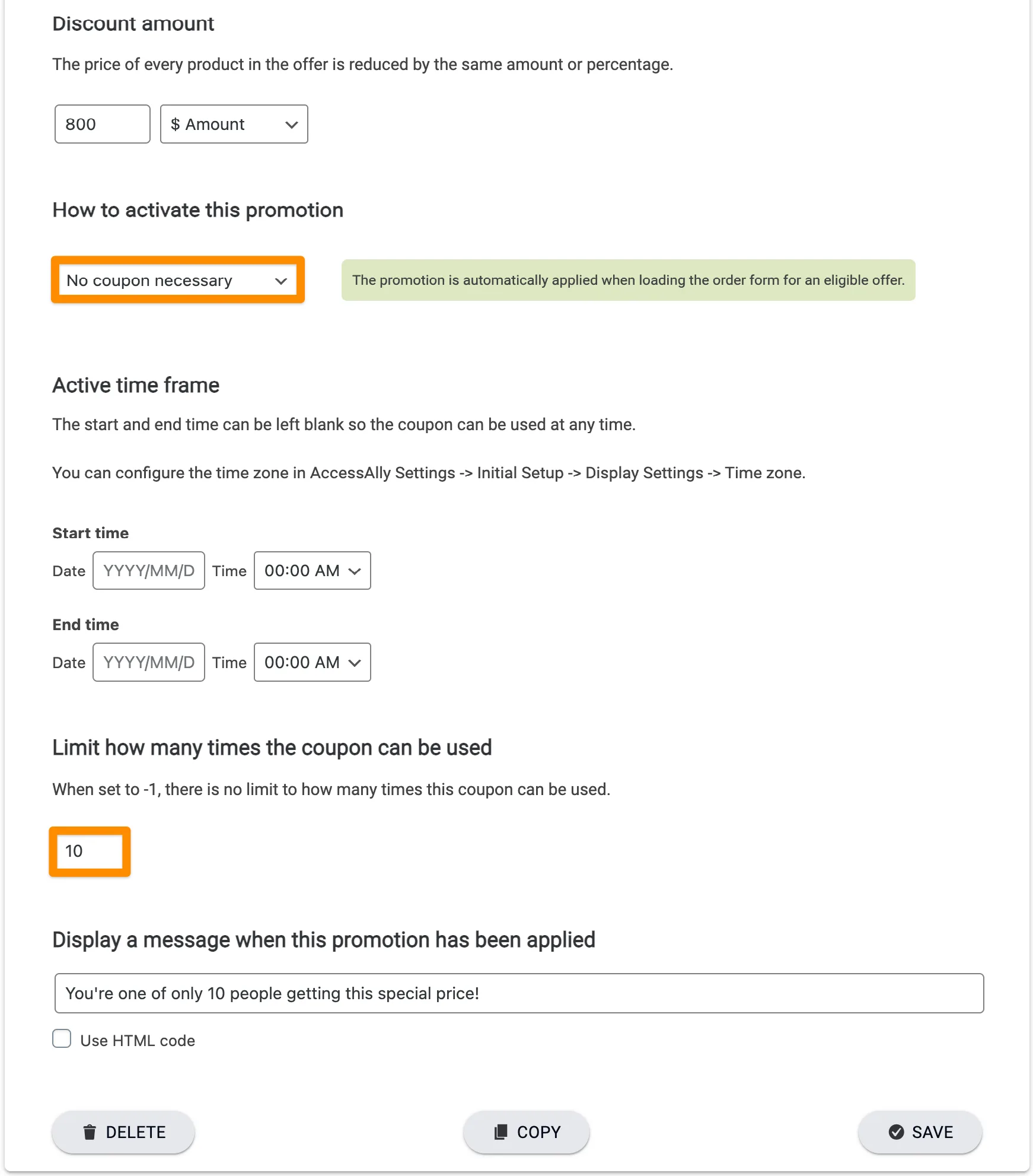 Screenshot of limited amount settings