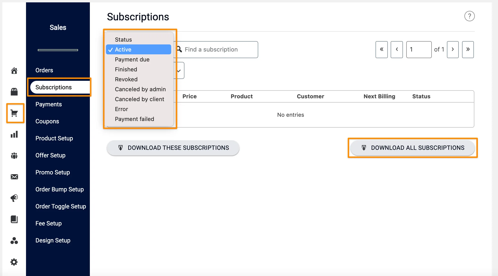 Screenshot from AccessAlly showing where to export subscriptions