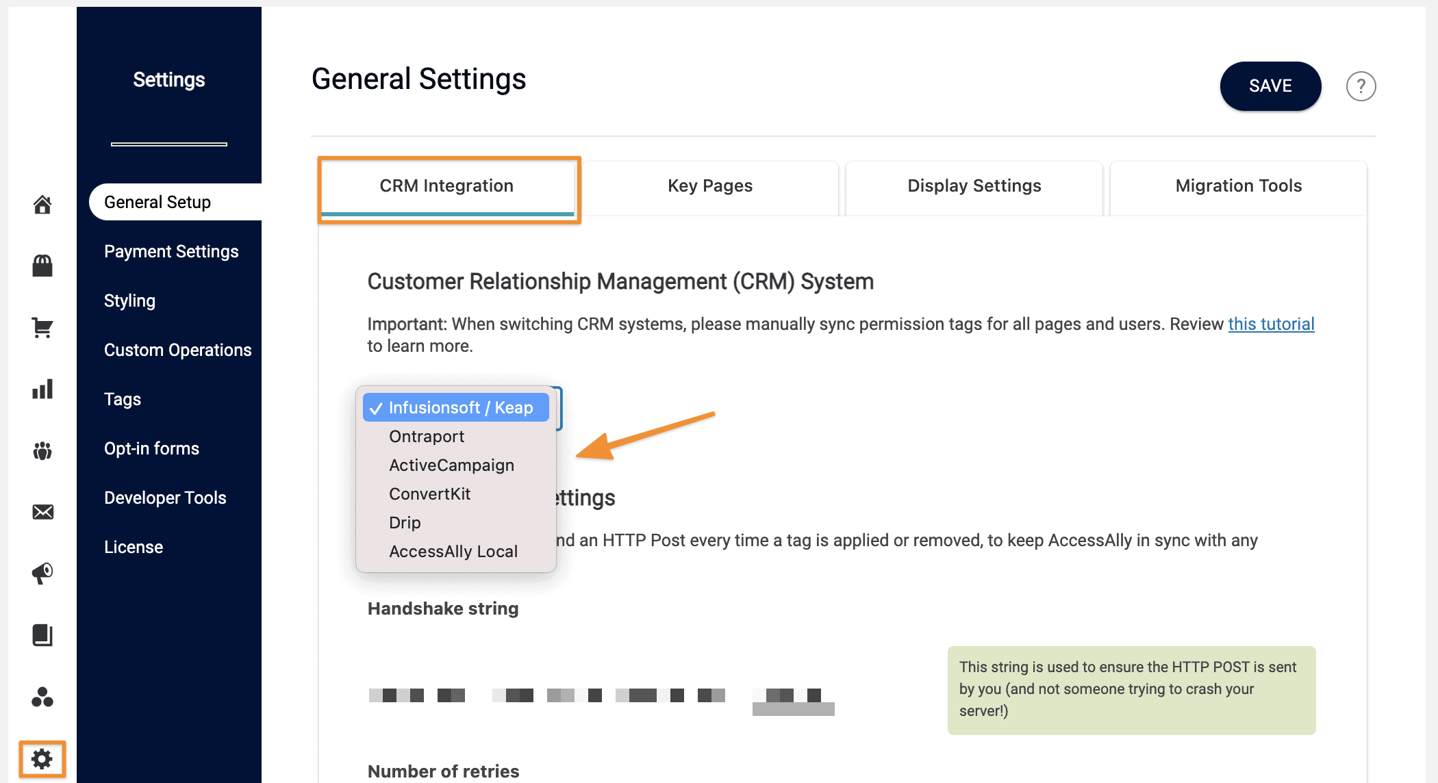 Screenshot from AccessAlly showing where to change your CRM setup