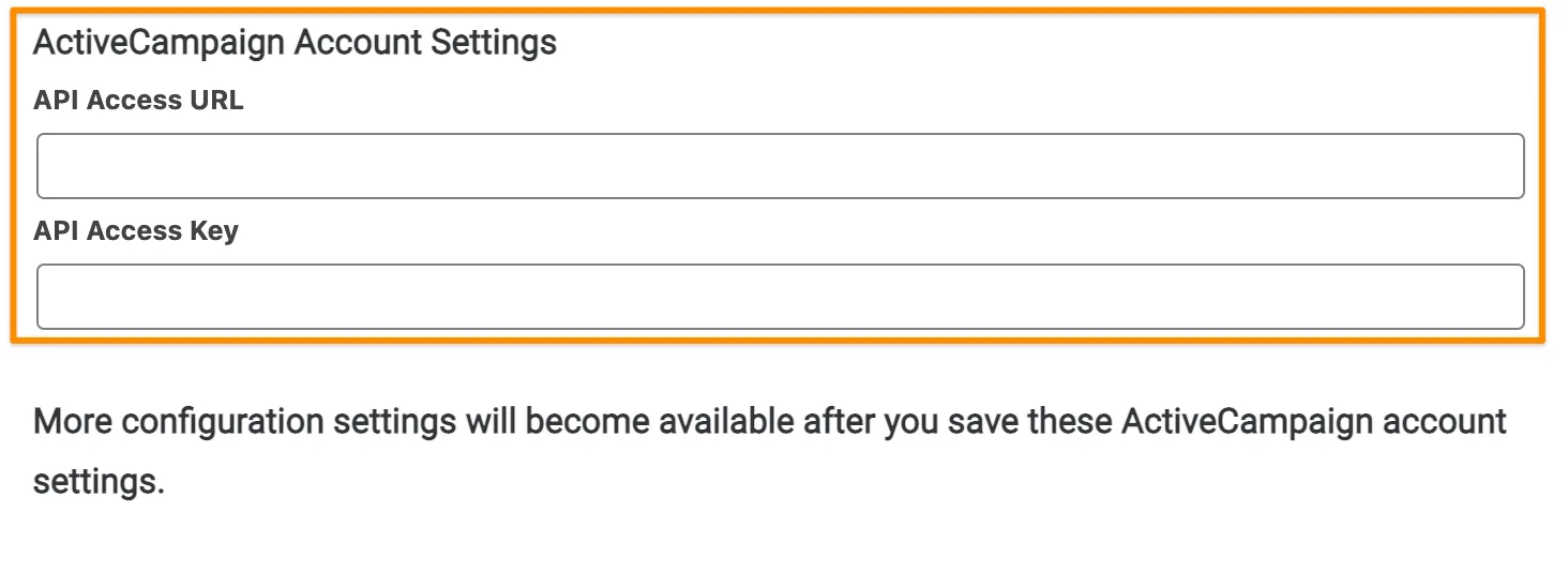Screenshot from AccessAlly showing where to enter your ActiveCampaign API keys