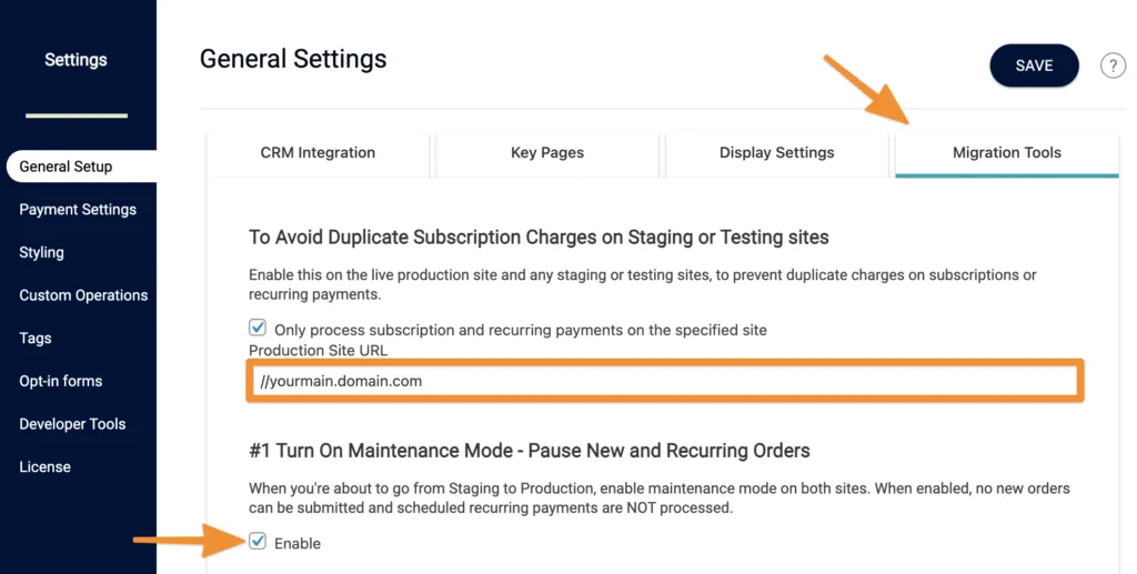 Screenshot of enabling migration tool maintenance mode