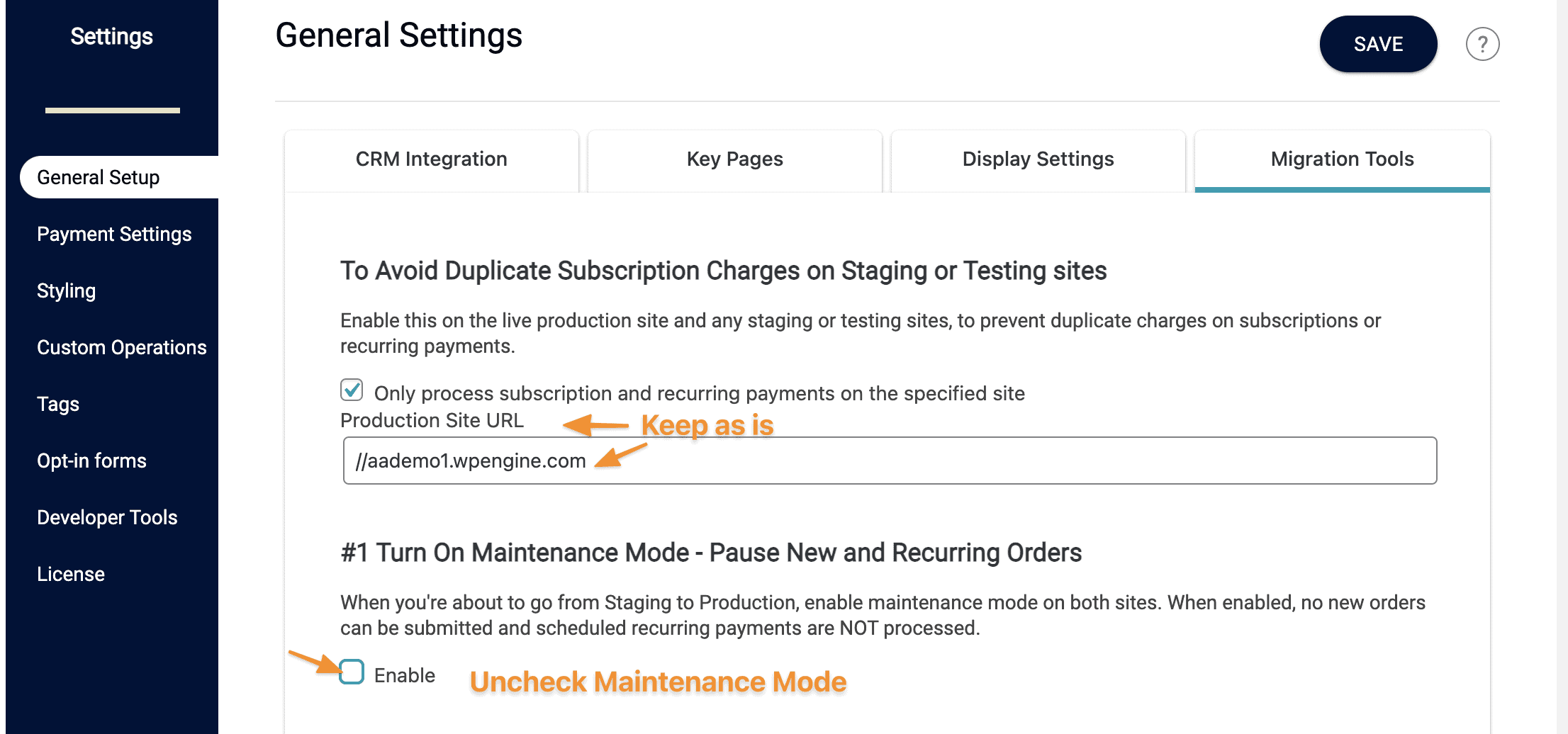 Screenshot from AccessAlly showing where to turn off maintenance mode