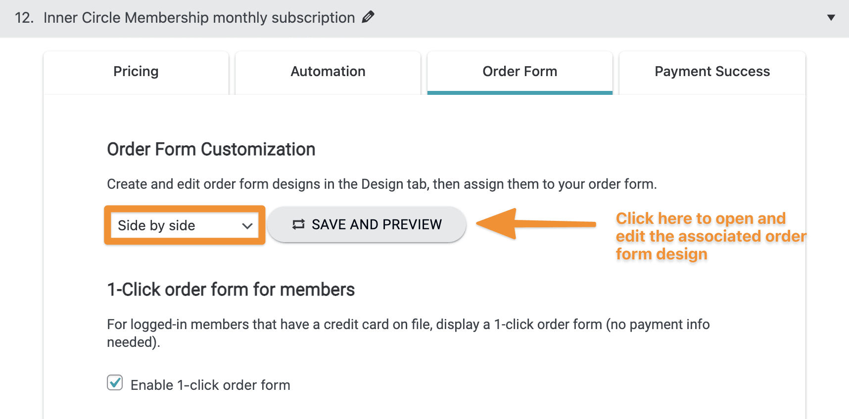 Screenshot of where to edit order form design settings