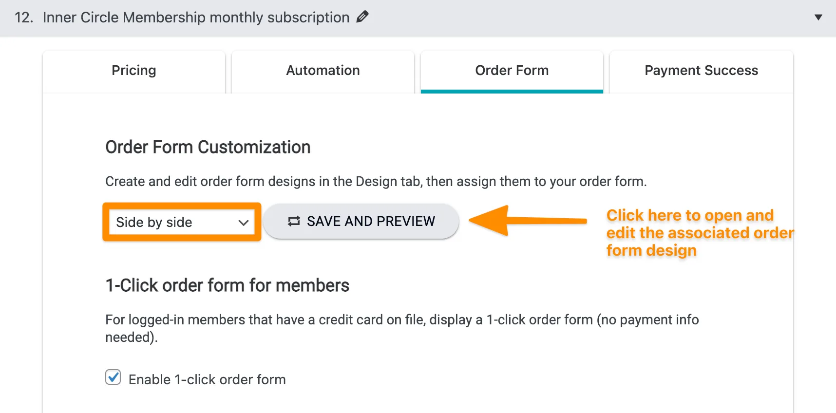 Screenshot of where to edit order form design settings