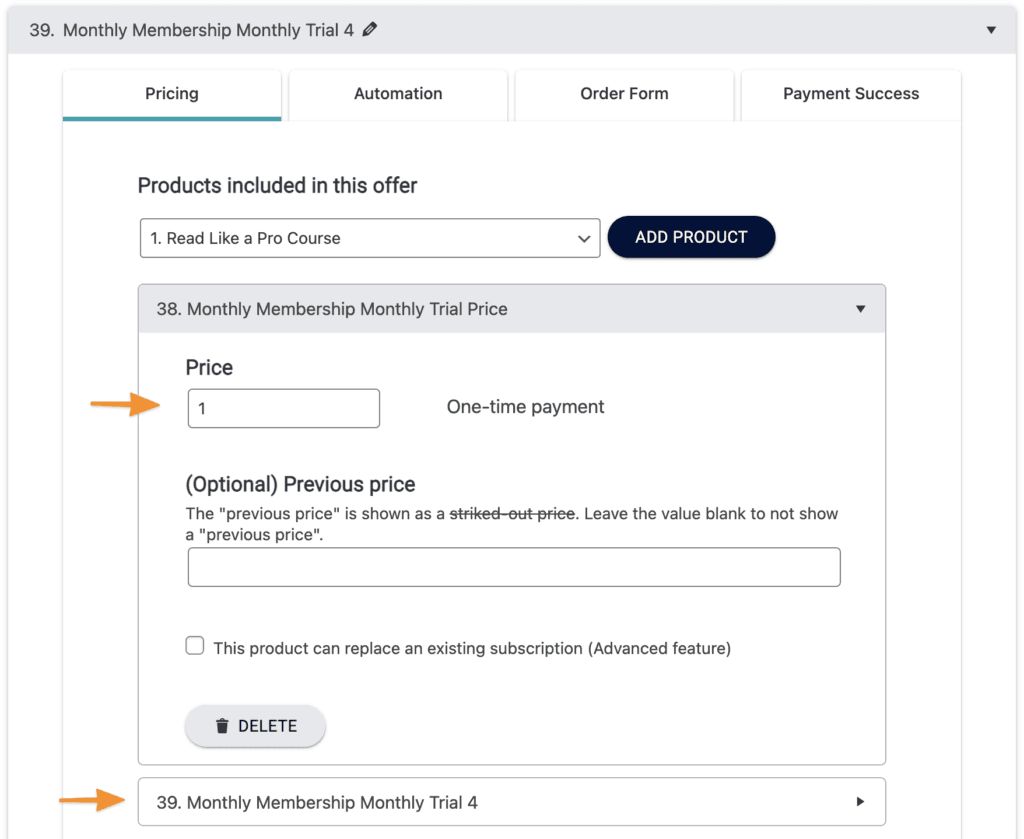 Screenshot of two products added to offer