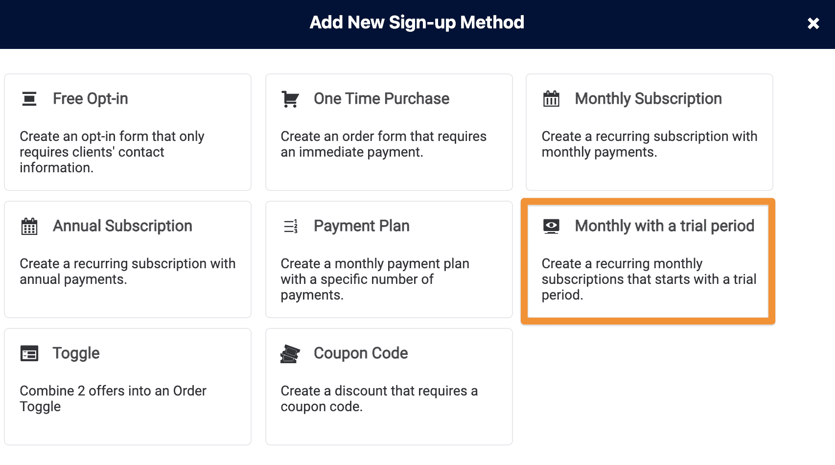 Screenshot of new order form with monthly membership