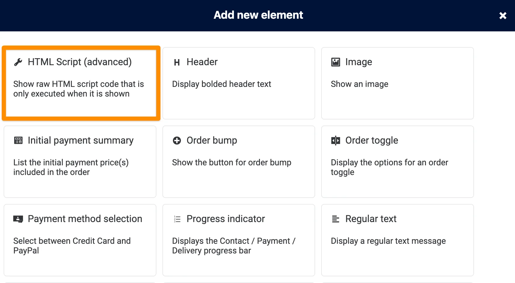 Screenshot of new element selection
