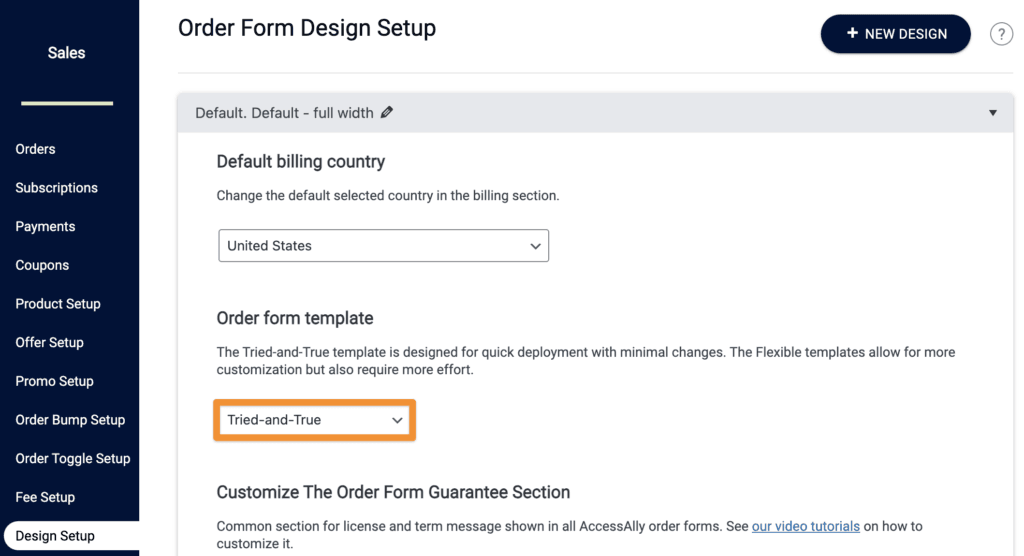 Screenshot of order form with tried and true selected