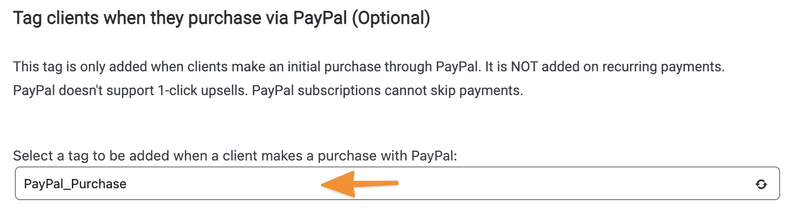Screenshot of PayPal tag adding
