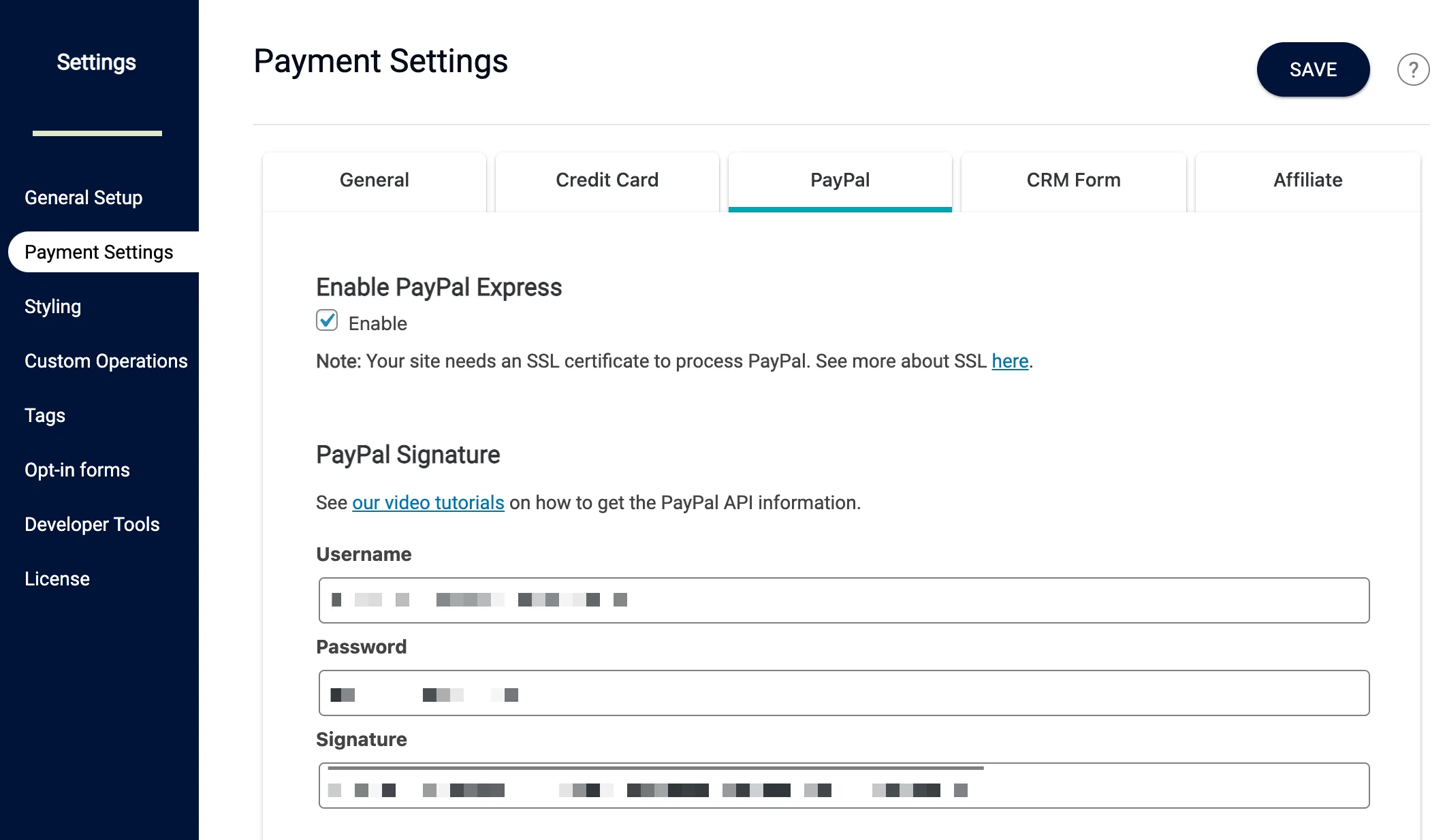Screenshot of PayPal key area