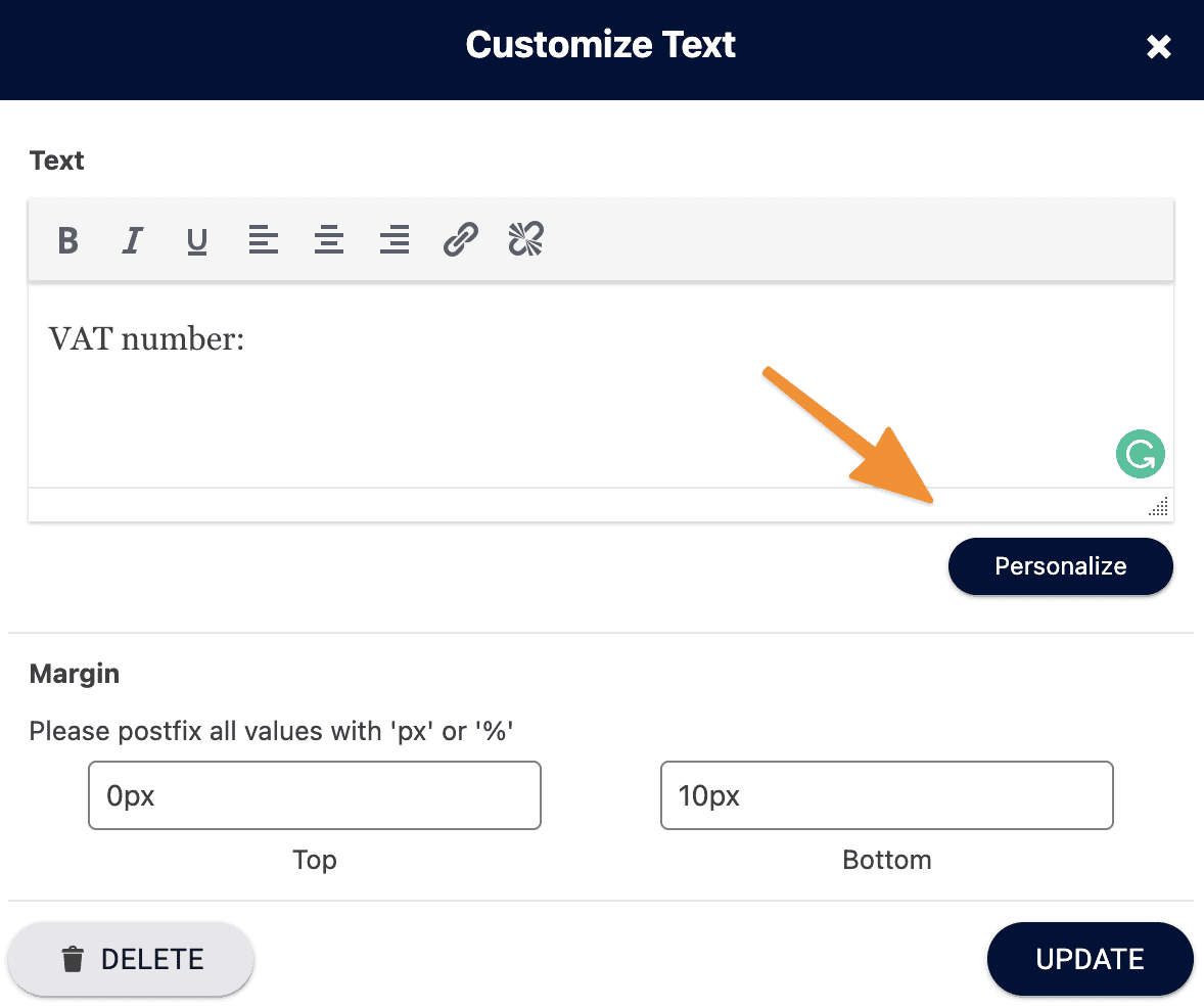 Screenshot of Text Area with Personalize Button
