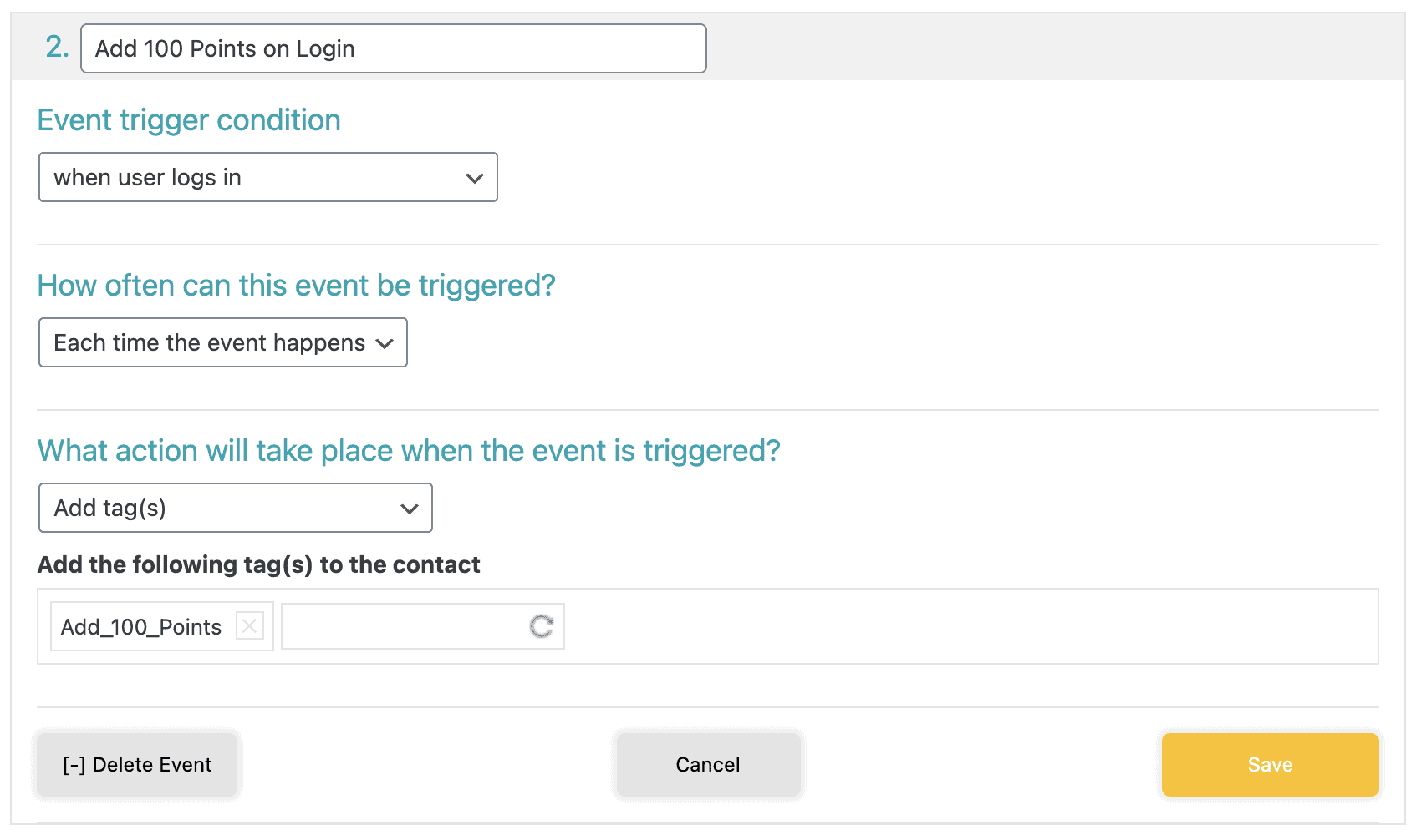 Screenshot showing how to add a progressally event for points on login