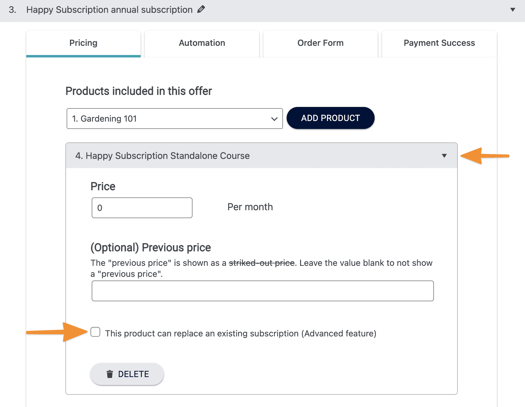 Screenshot of subscription replacement checkbox