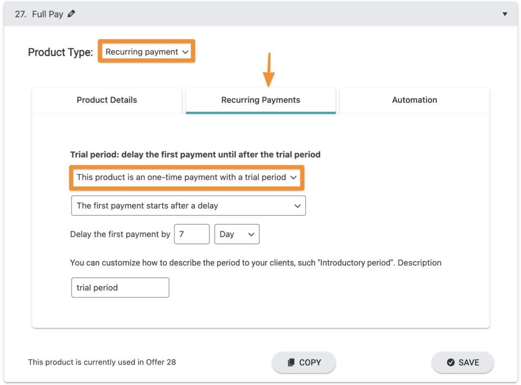 Screenshot of Product settings under automation