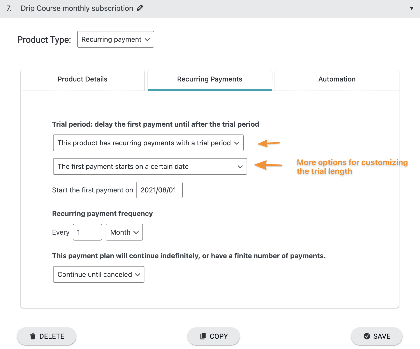 Screenshot of product trial length settings