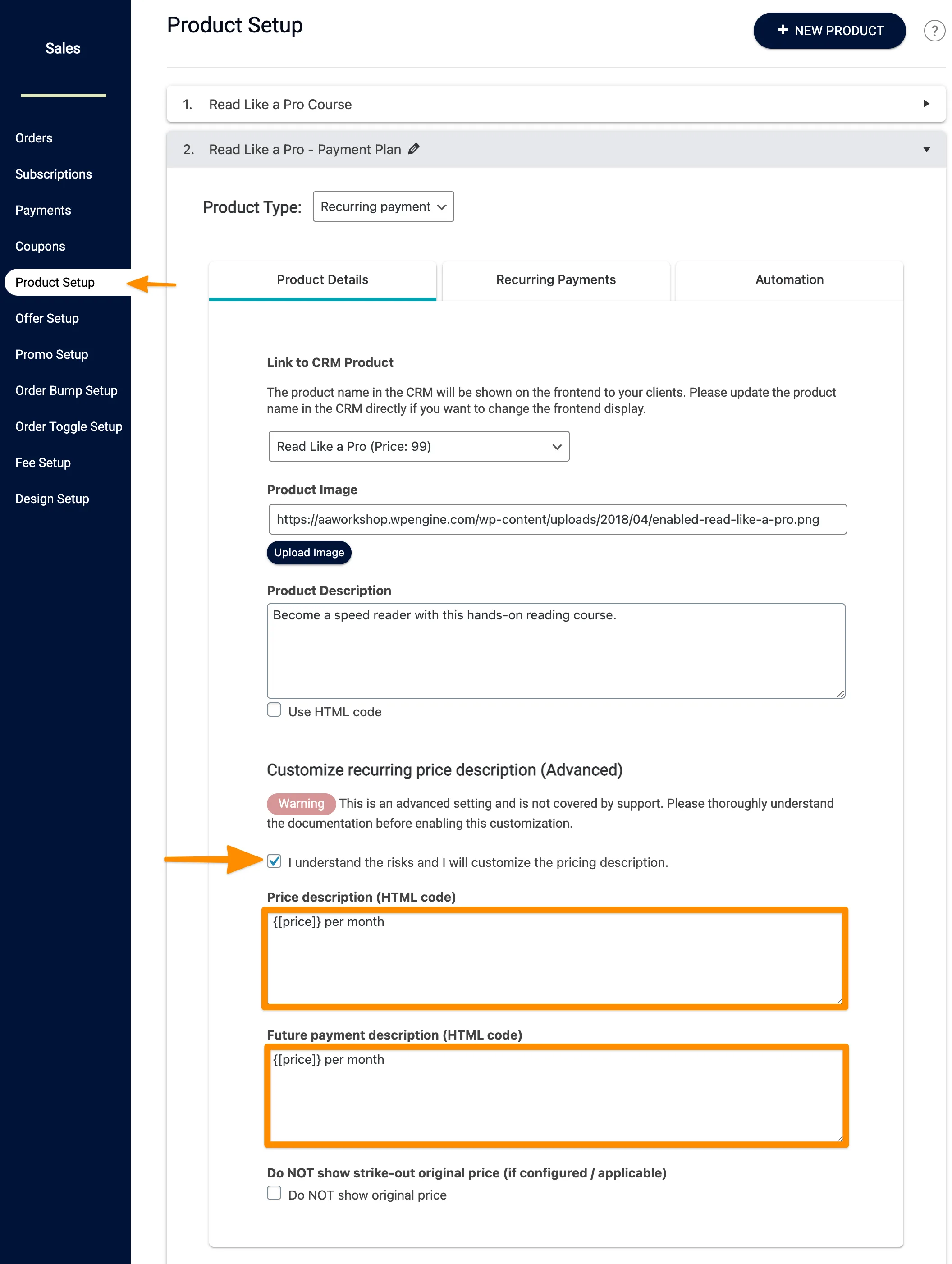 Screenshot of recurring price customization