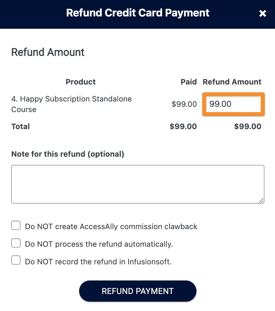 Screenshot of refund parameters