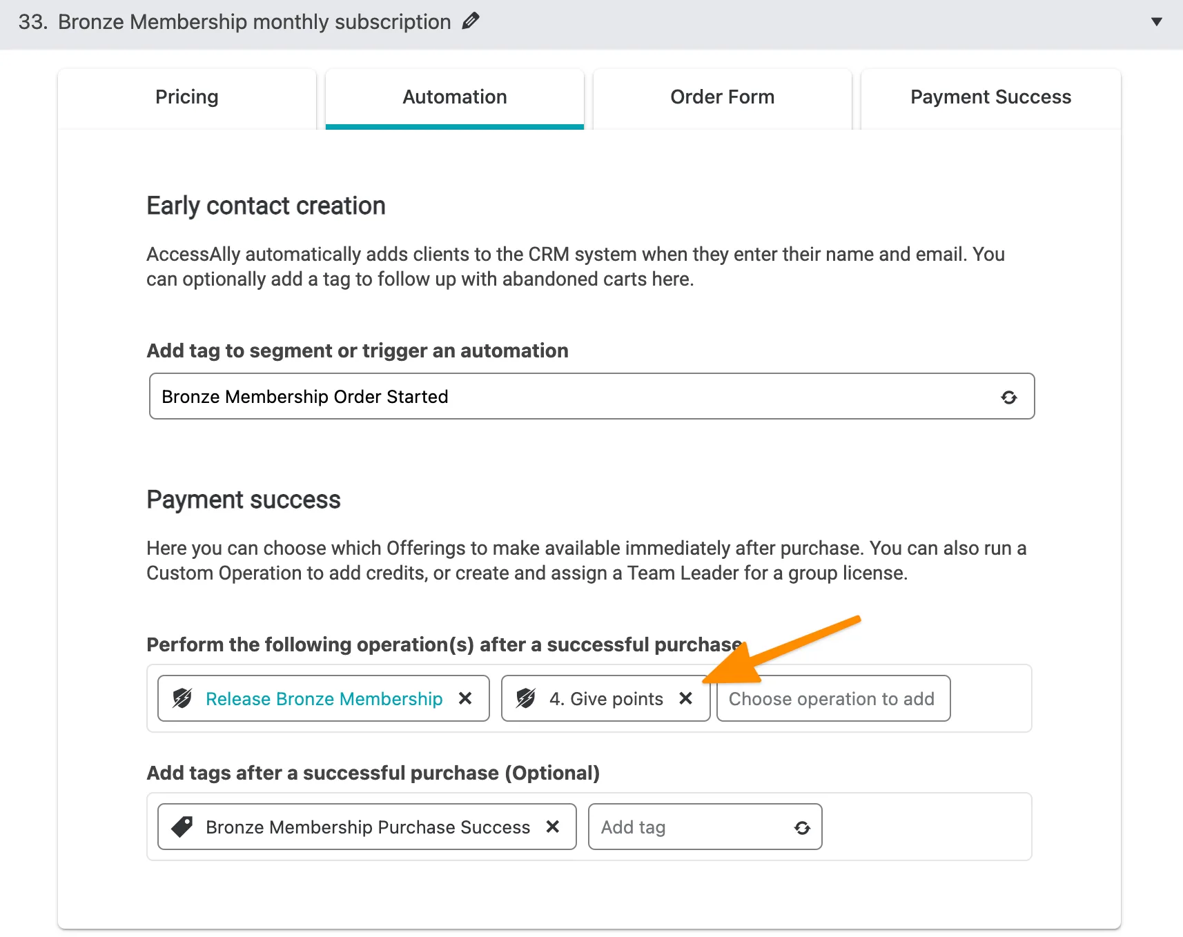 Screenshot of custom operation after purchase settings