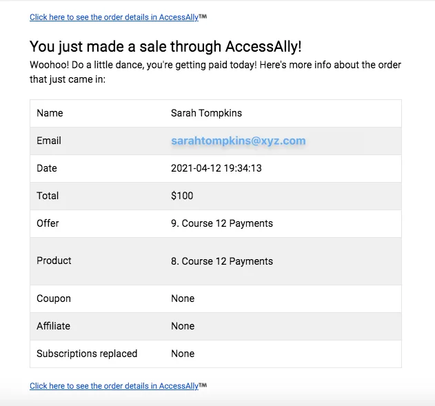 AccessAlly Sales Email Notification