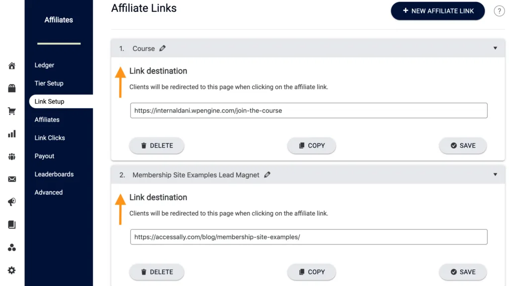 Screenshot of AccessAlly affiliate link IDs