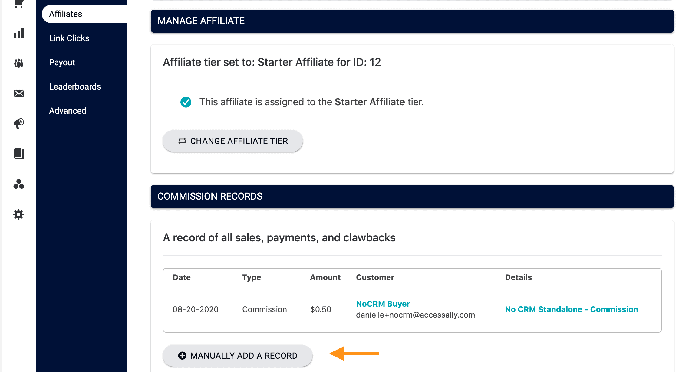 manually add an affiliate record button