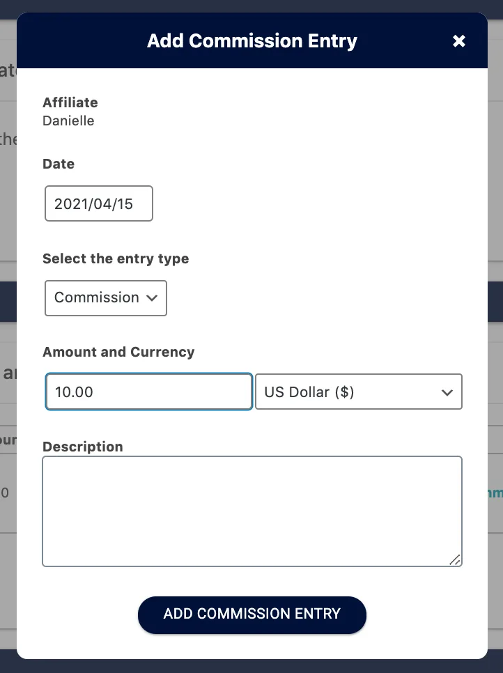 manually add a commission to an affiliate