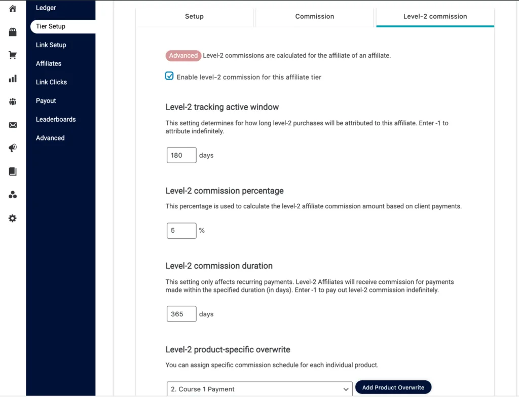 Level 2 Affiliate Settings