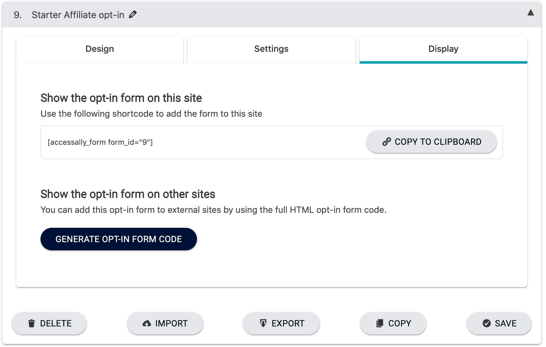 AccessAlly affiliate form display settings