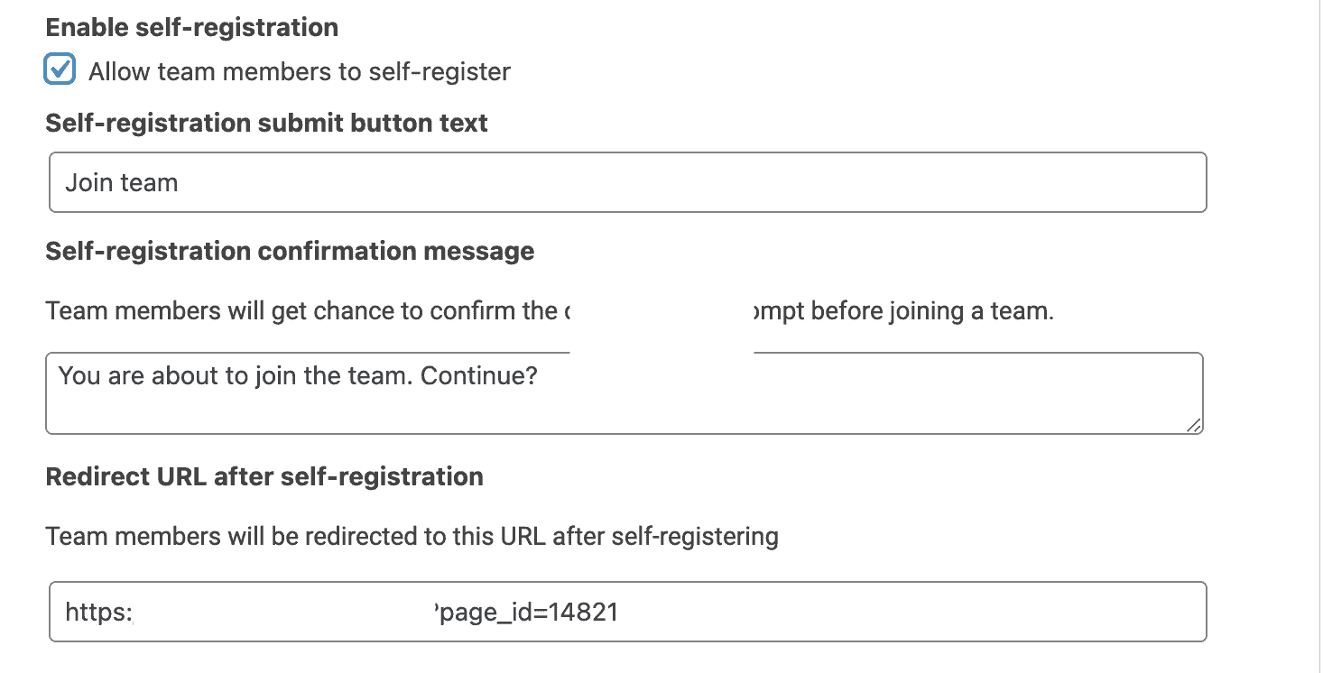 Screenshot from AccessAlly Teams showing self registration settings