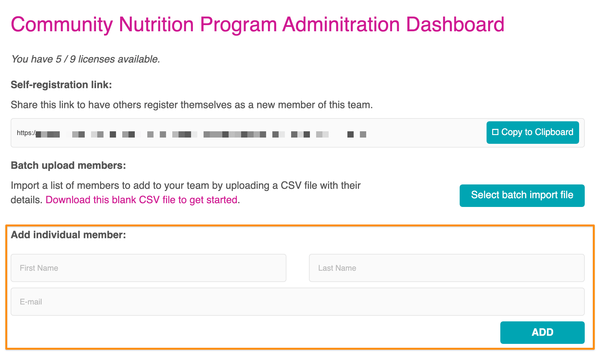 Screenshot from AccessAlly showing add individual members on team leader admin page