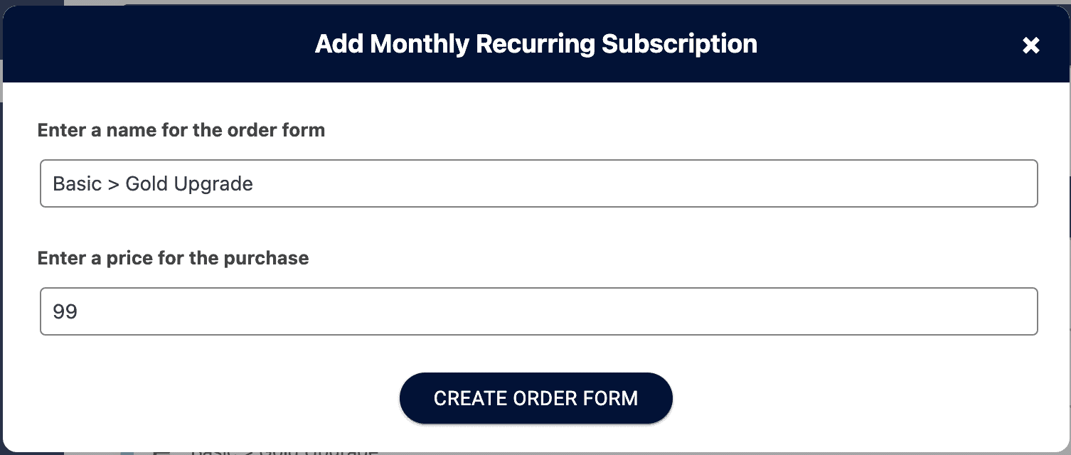 Screenshot from AccessAlly showing add monthly recurring subscription