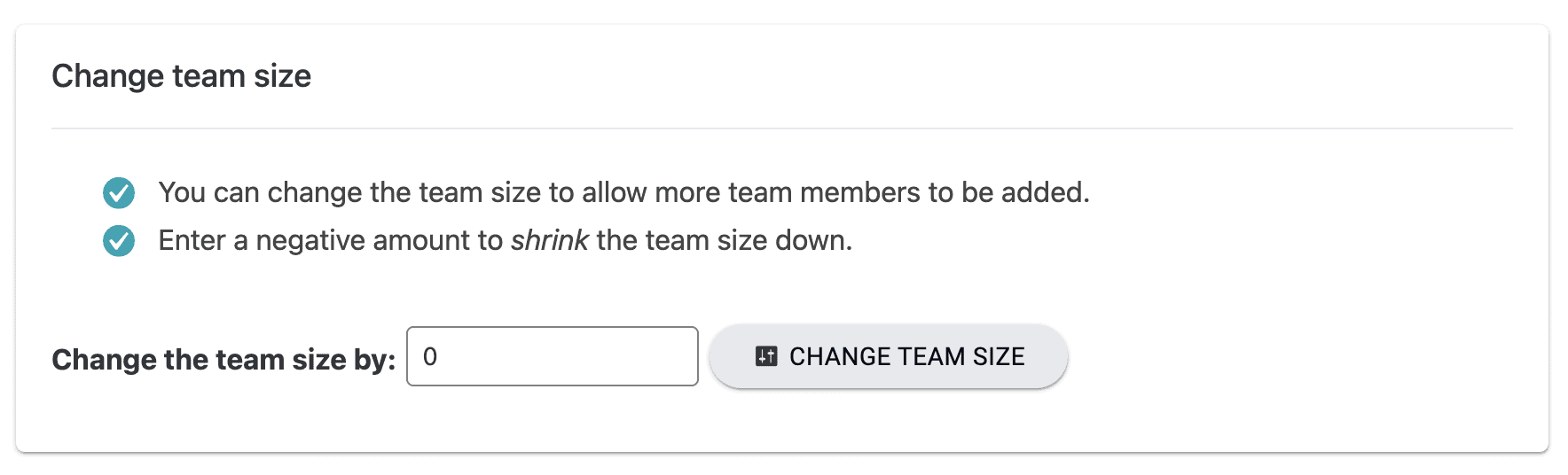 Screenshot showing change team size