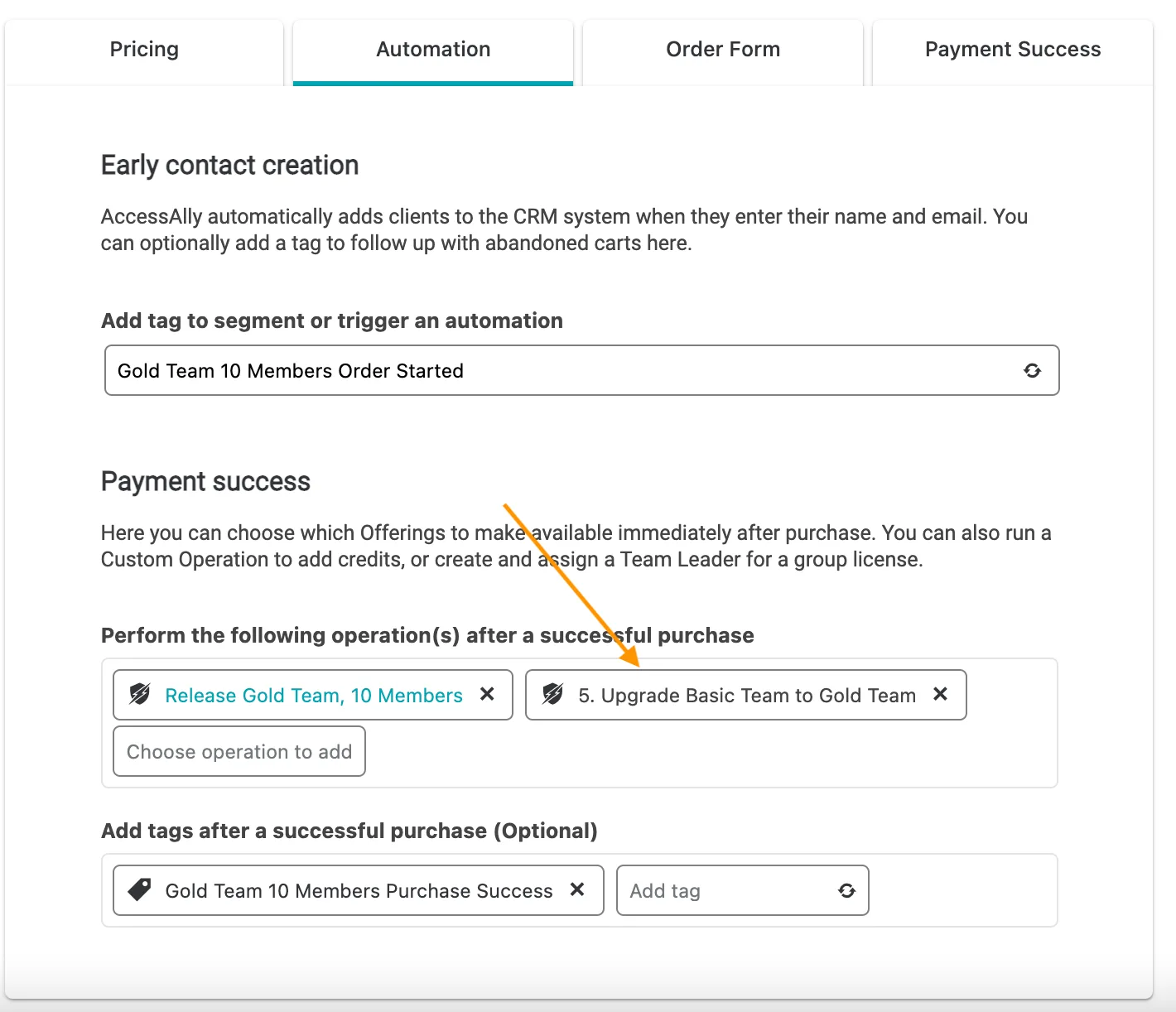 screenshot from AccessAlly showing where to add your custom operation