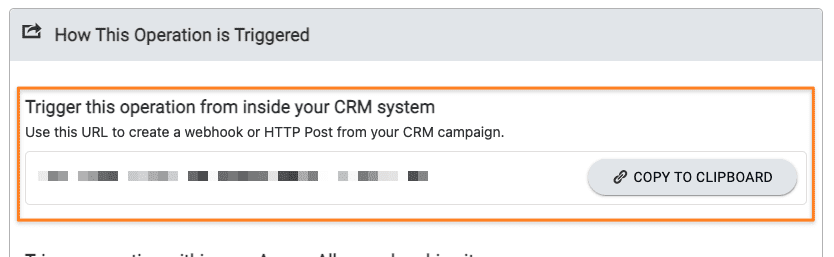 Screenshot from AccessAlly showing where to find the CRM webhook to delete a team through a CRM automation