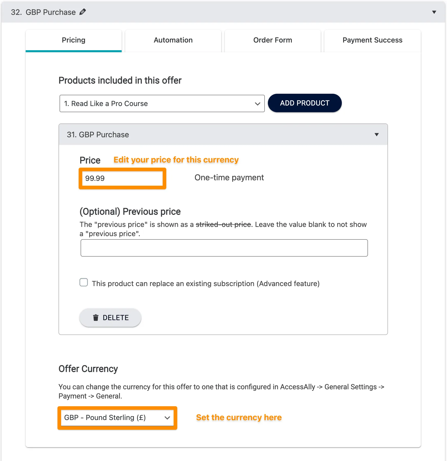 Screenshot of the currency settings in an order form