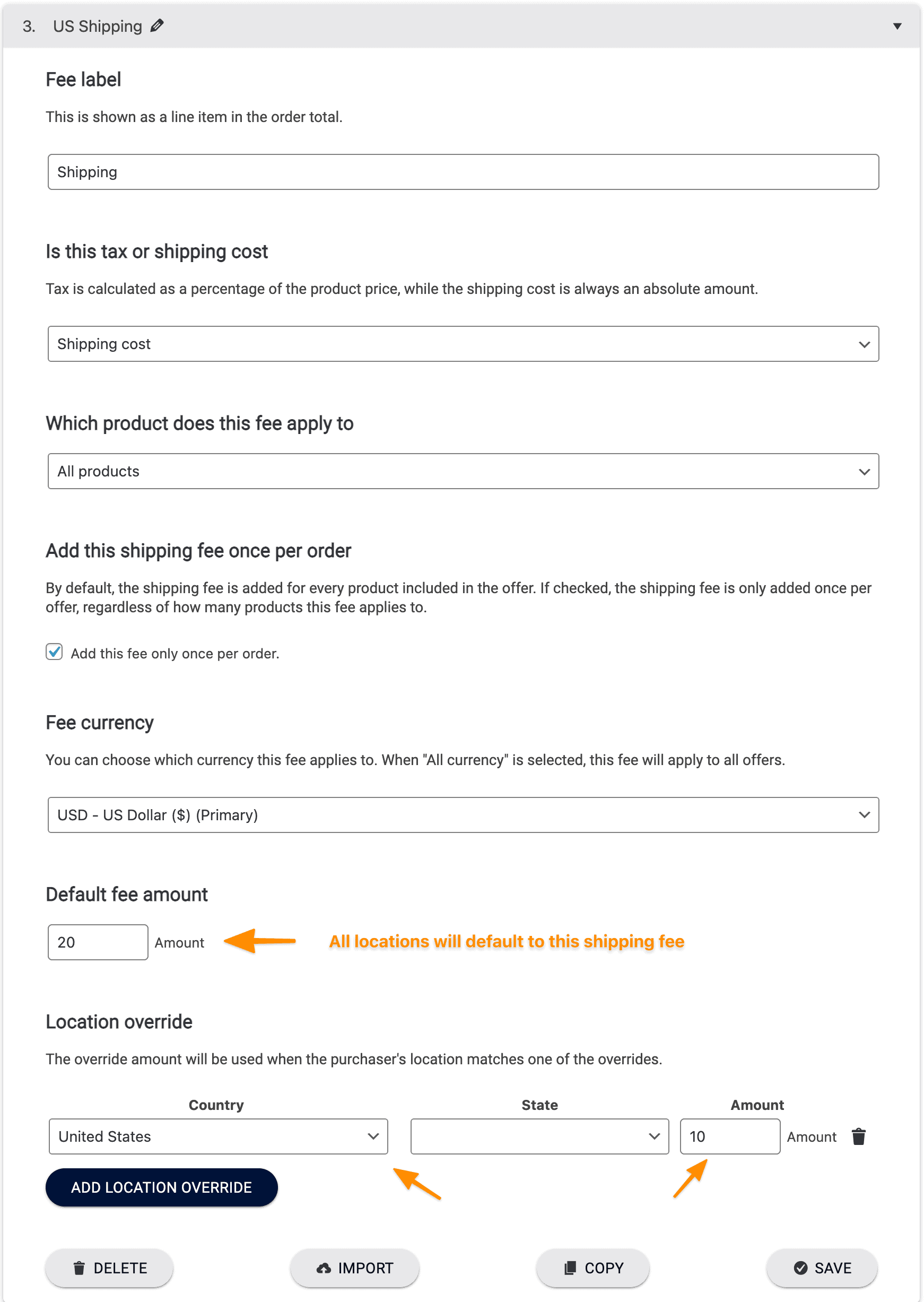 Screenshot of shipping fee settings