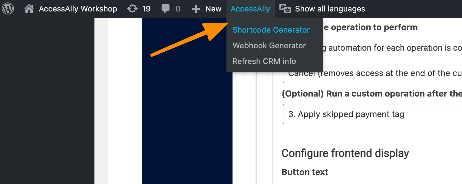 Screenshot of shortcode adder in top bar