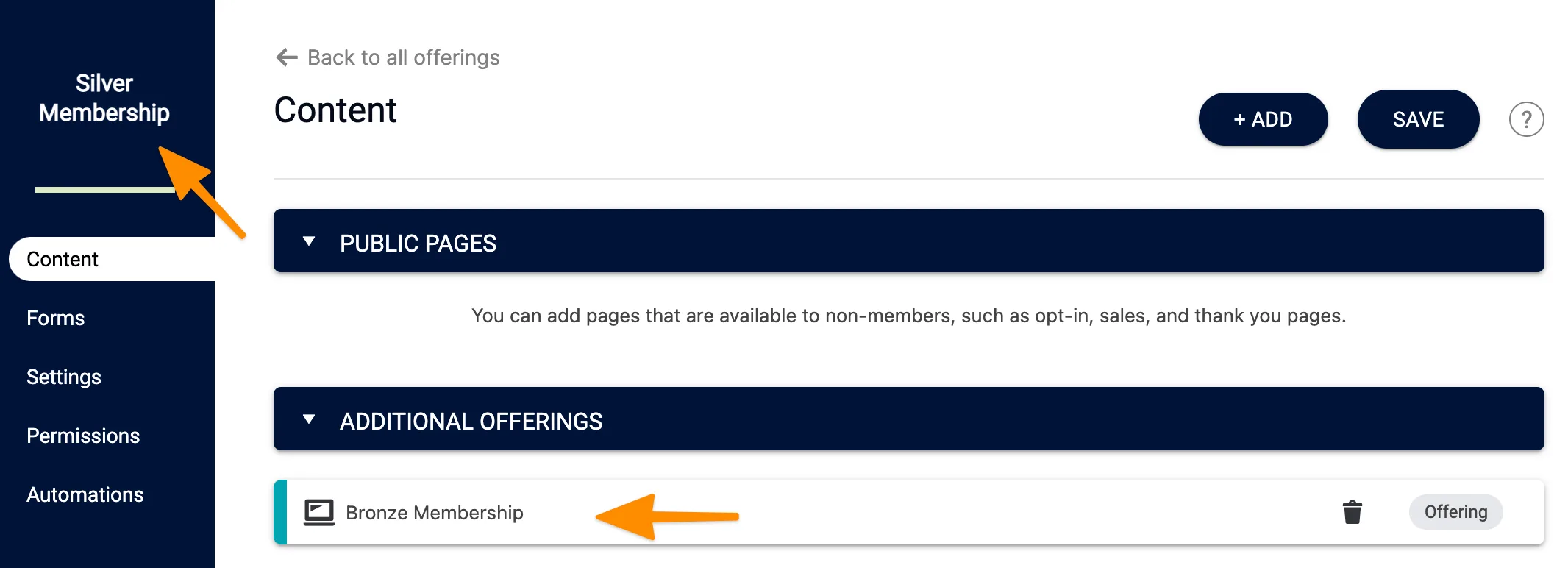 Screenshot of silver membership nesting