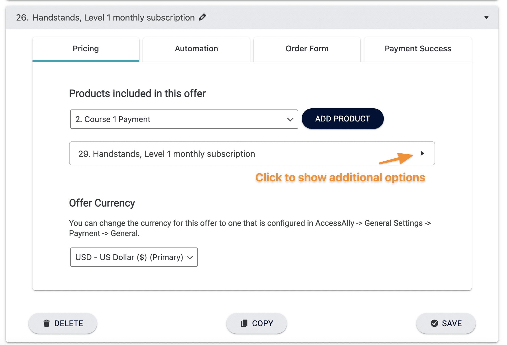 Screenshot showing where to find additional options inside AccessAlly subscription replacement