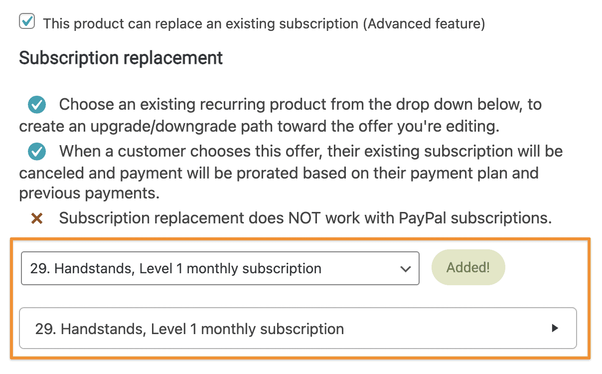 Screenshot from AccessAlly showing where to add subscription replacement details