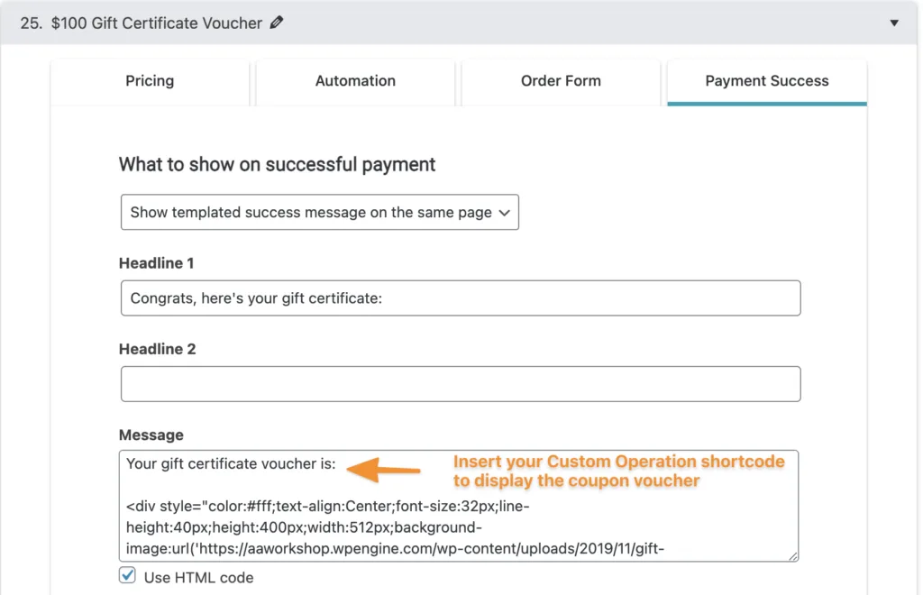Screenshot of success message