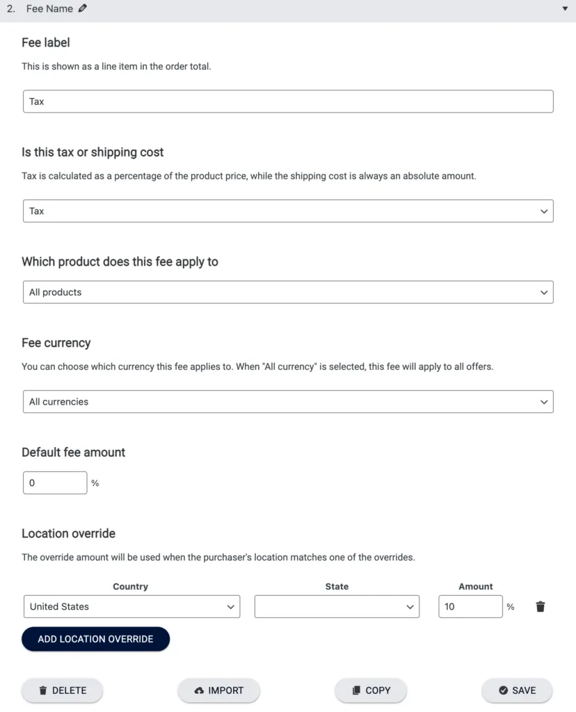 Screenshot of fee details